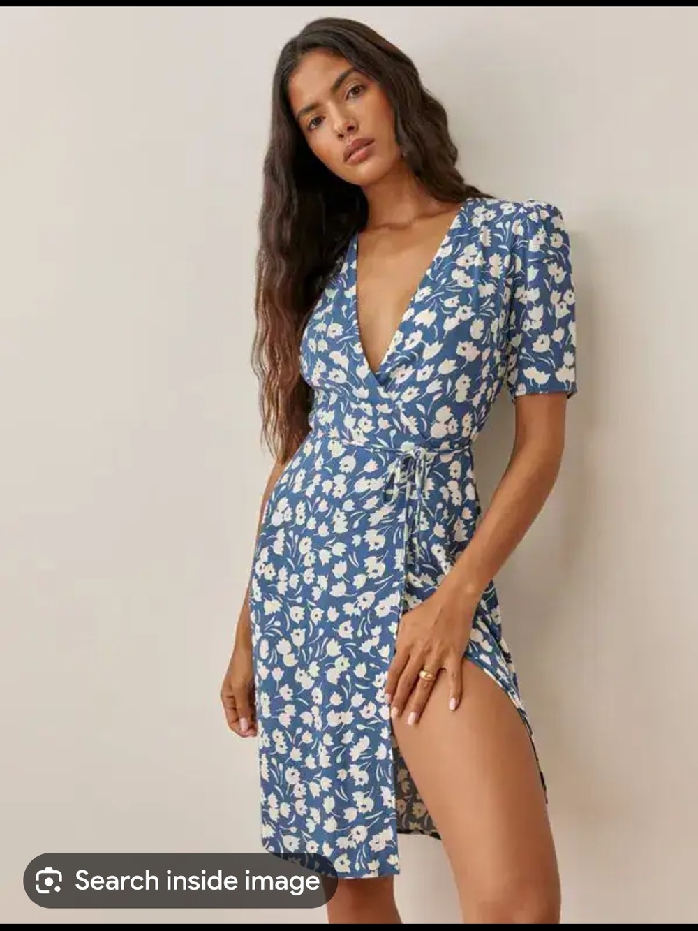 Reformation Blue Floral Wrap Dress with Tie Waist